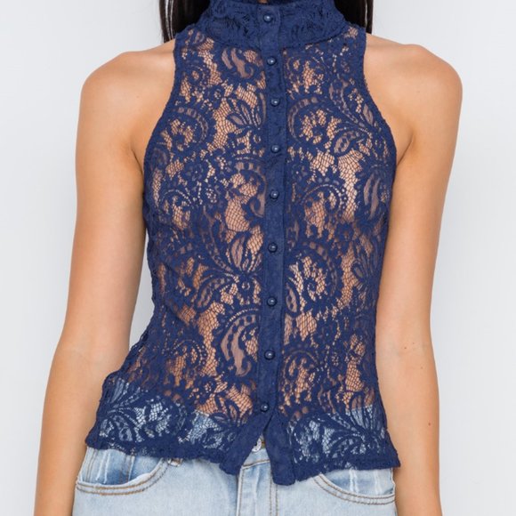 Nasty gal Tops - Nasty Gal Navy Blue Mock-Neck Sheer Button Down Lace Top